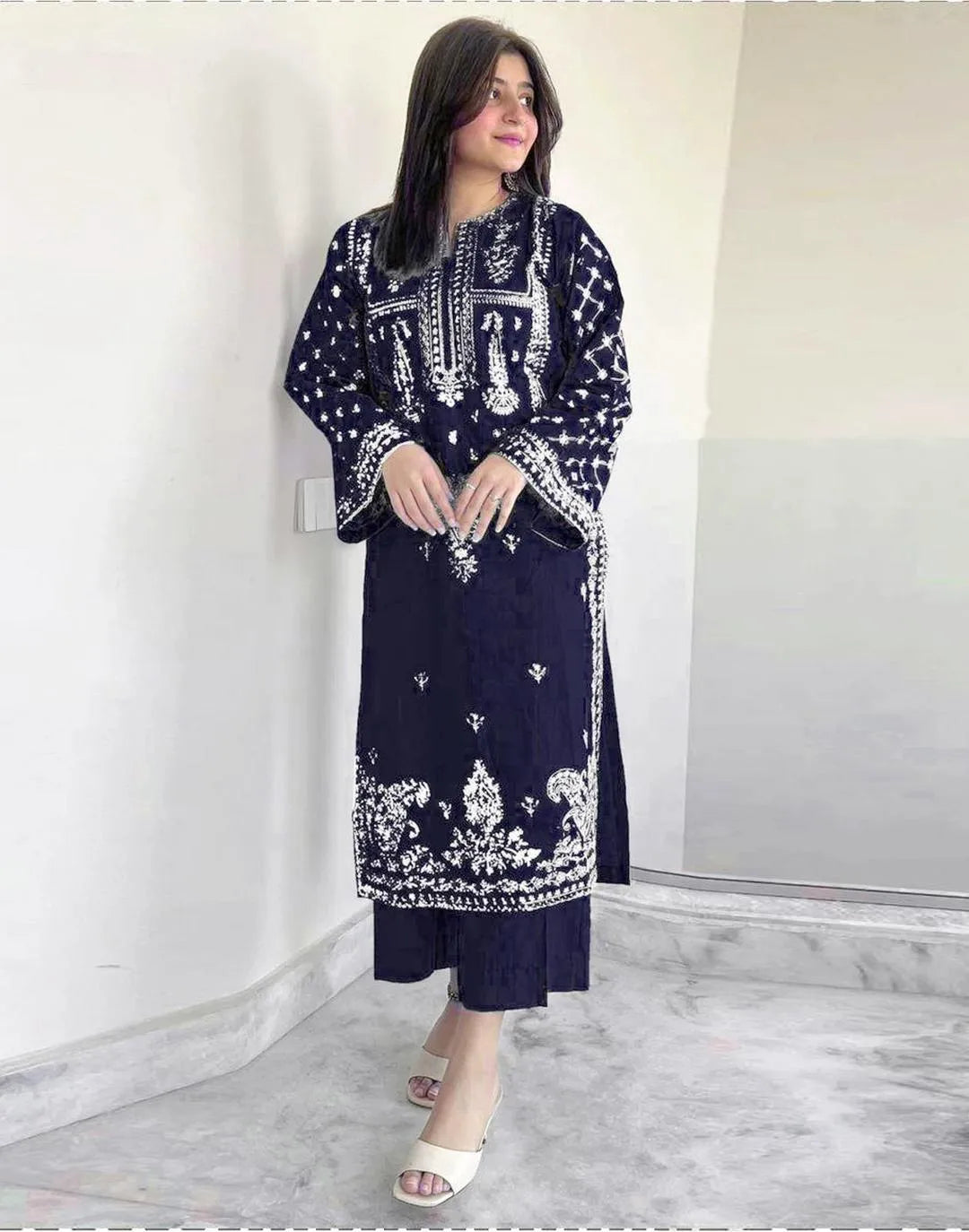 Women's Blue Embroidered Lawn Suit with White Details