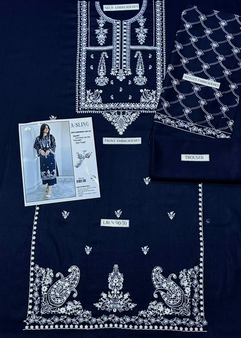 Women's Blue Embroidered Lawn Suit with White Details
