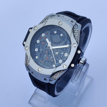 Men's Stainless Steel Skeleton Watch Black Silver 38mm