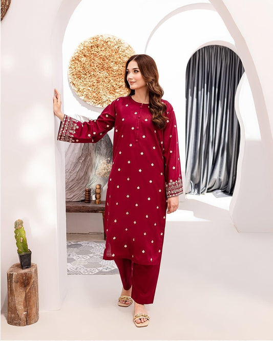 Women Embroidered Lawn Suit Red 2 Pcs Bridal Party Wear