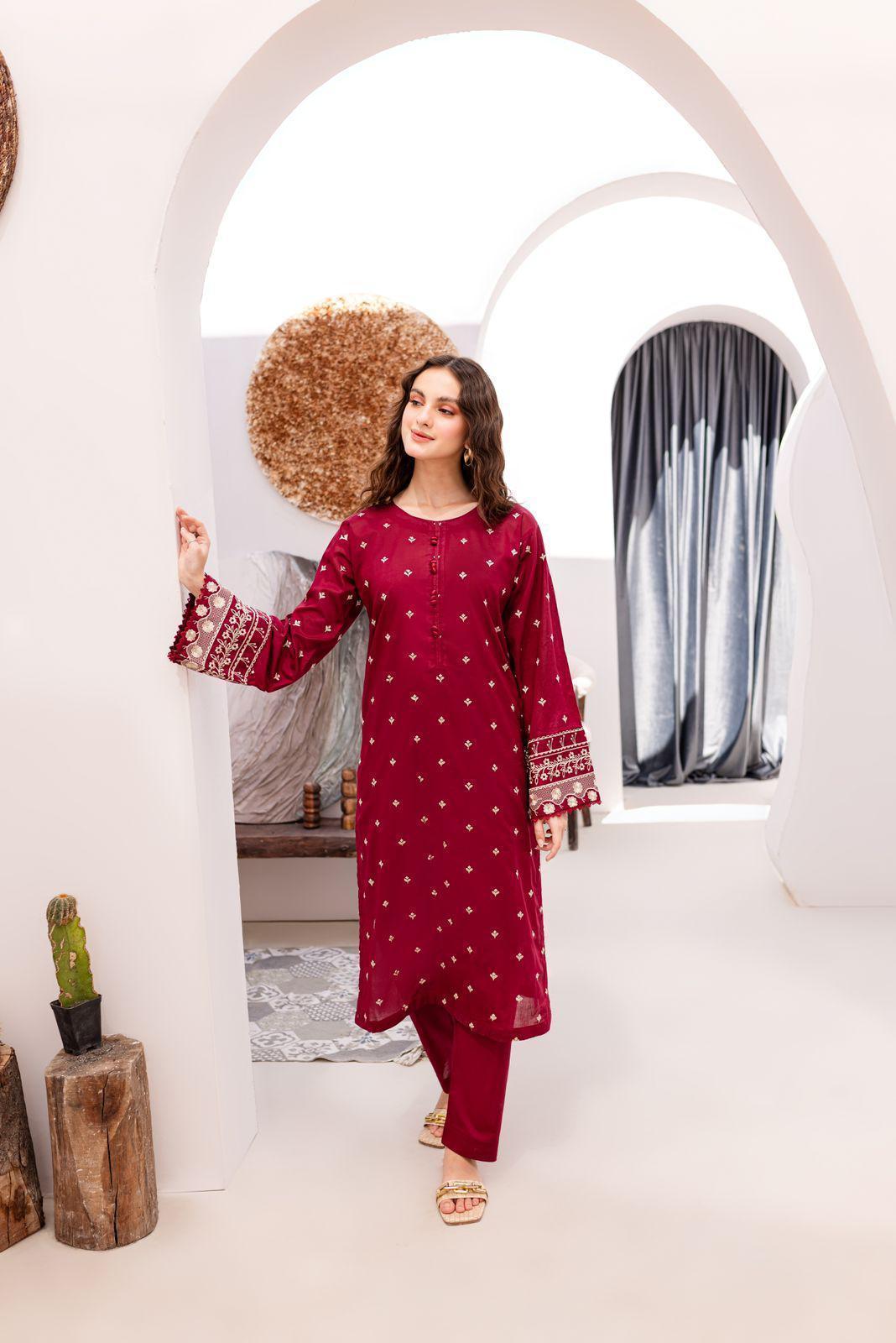 Women Embroidered Lawn Suit Red 2 Pcs Bridal Party Wear