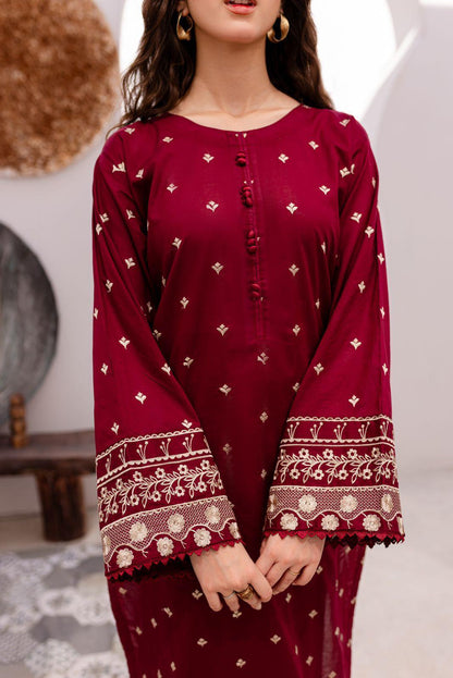 Women Embroidered Lawn Suit Red 2 Pcs Bridal Party Wear