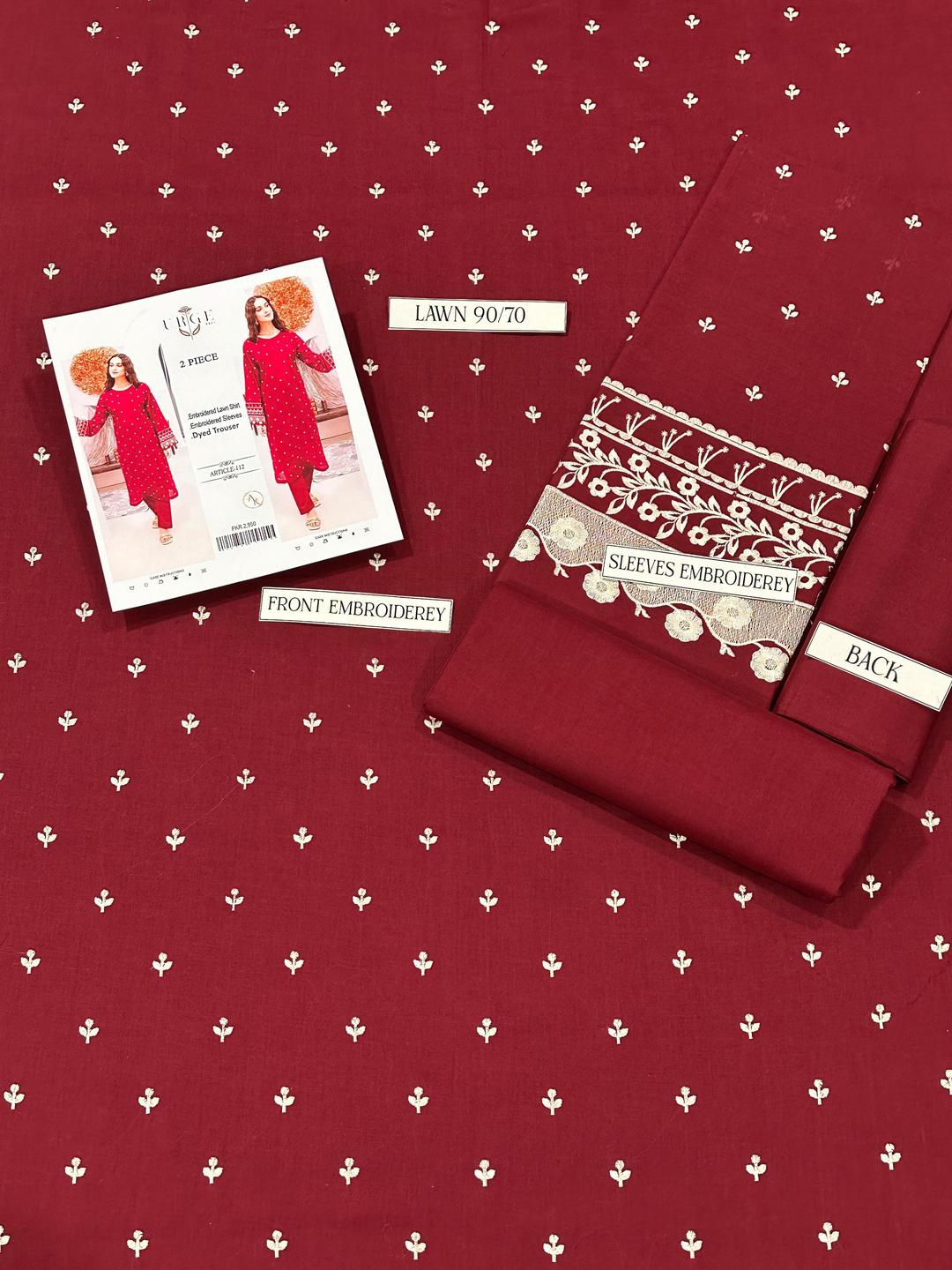 Women Embroidered Lawn Suit Red 2 Pcs Bridal Party Wear