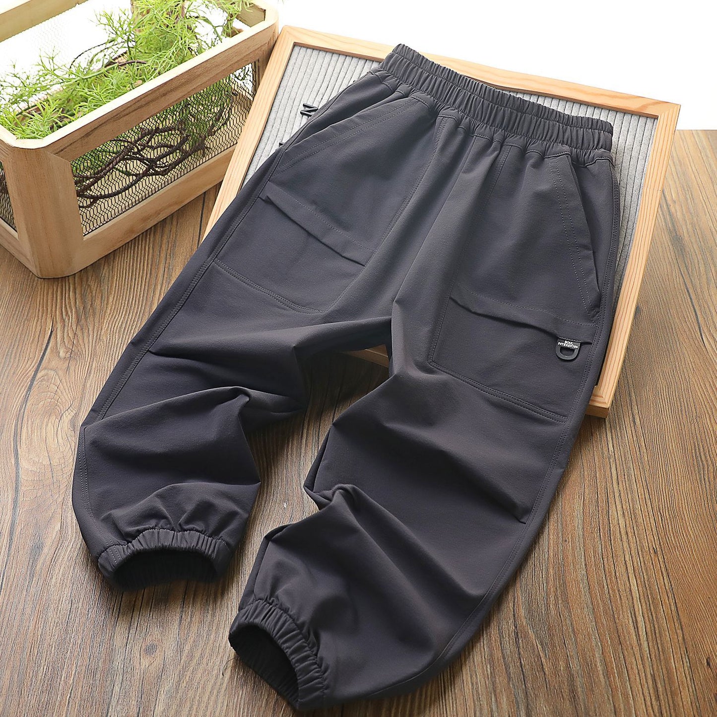 Men Woven Sports Pants Black Brown Elastic Waist