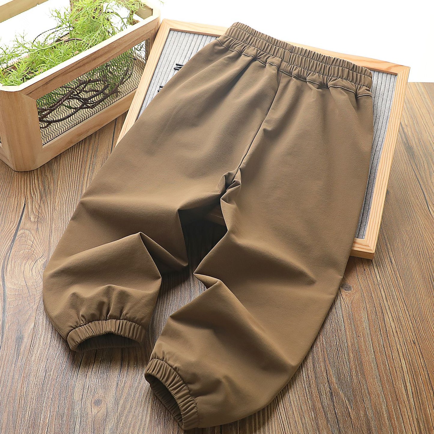 Men Woven Sports Pants Black Brown Elastic Waist