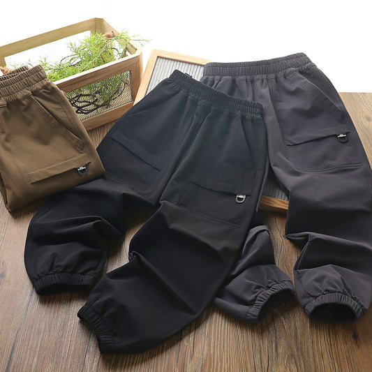 Men Woven Sports Pants Black Brown Elastic Waist