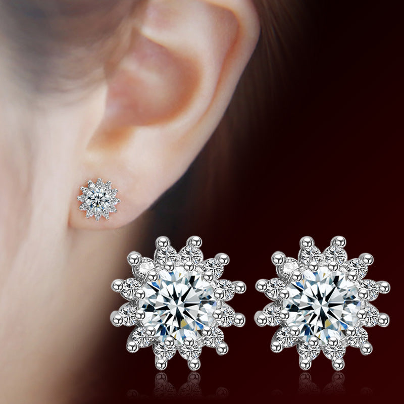 Silver Flower Zircon Earrings for Women