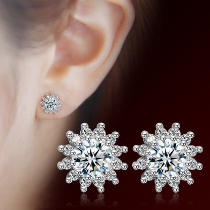 Silver Flower Zircon Earrings for Women