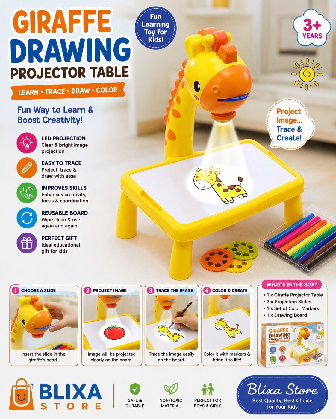 Kids Giraffe Drawing Projector Table with 24 Patterns & Color Pens | Educational Learning Toy for Boys & Girls | Blixa Store